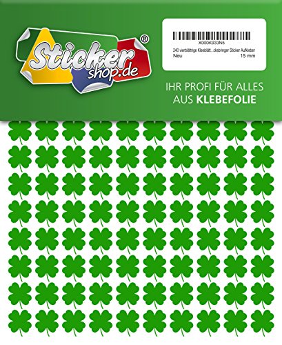 240 vierblättrige Kleeblätter, 15 mm, aus PVC Folie, selbstklebend, wetterfest, Glücksbringer Sticker Aufkleber von Lulizzie