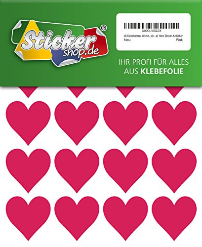 40 Klebeherzen, 40 mm, pink, aus PVC Folie, wetterfest, Herz Sticker Aufkleber von WP Sticker