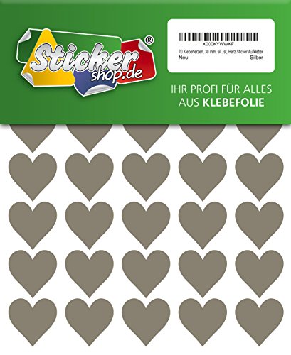 70 Klebeherzen, 30 mm, silber, aus PVC Folie, wetterfest, Herz Sticker Aufkleber von WP Sticker