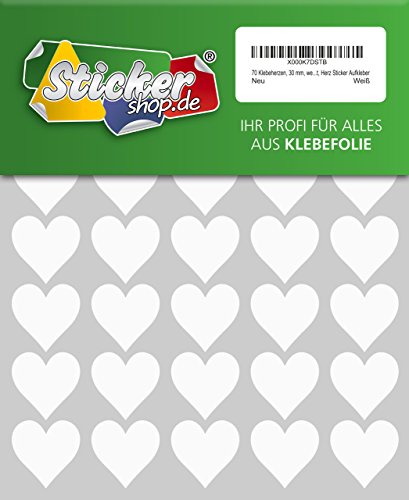 70 Klebeherzen, 30 mm, weiß, aus PVC Folie, wetterfest, Herz Sticker Aufkleber von WP Sticker