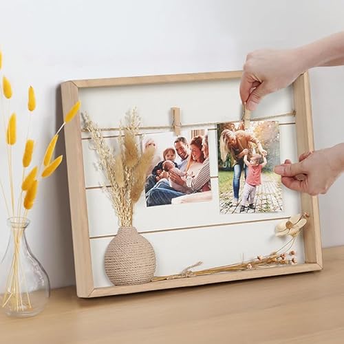 WPAJIRZO 3D Holz Bilderrahmen zum Befüllen 34x27cm, DIY Fotocollage mit Fotoleine & Holzklammern, Fotorahmen & Trockenblumen-Deko für kreative Foto-Gestaltung, auch als Geldgeschenk geeignet von WPAJIRZO