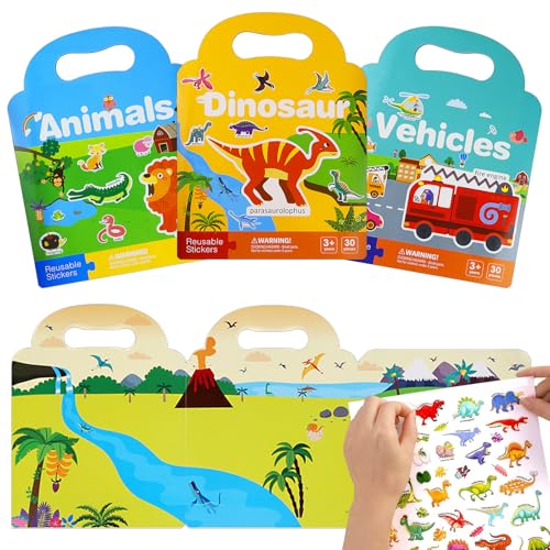 WPPQWP 3 Set Wiederverwendbare Stickerbücher, Sticker ab 3 Jahre 8 Jahre für Kinder, 94 Stück Immer Wieder Puffy - Sticker, Tiere, Fahrzeug, Dinosaurier, Geschenk Aufkleber von WPPQWP