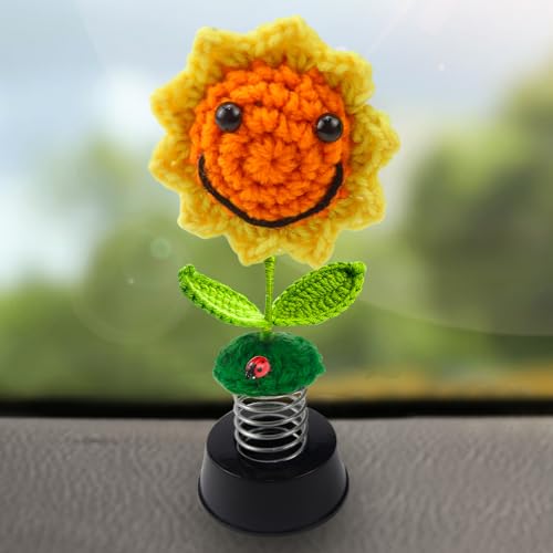 WPPQWP Auto Deko Innenraum, Gestrickte Sonnenblume Auto Zubehör Deko, Wackelfigur Blume, Sonnenblume Tanzende Blume, Gehäkelte Häkelblumen für Heim Büro Auto Zubehör Deko, Geburtstagsgeschenk von WPPQWP