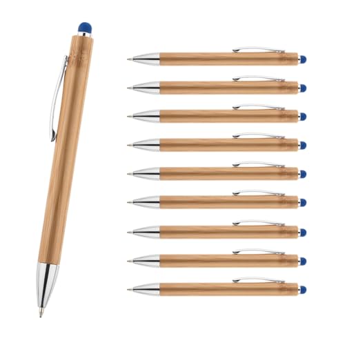 WPRO Bamboo 10er Set Touchpen Kugelschreiber aus Bambus blau – Nachhaltige, blauschreibende Stifte mit austauschbarer Mine und Touch-Funktion für Smartphones von WPRO