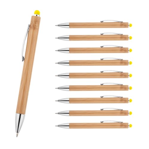 WPRO Bamboo 10er Set Touchpen Kugelschreiber aus Bambus gelb – Nachhaltige, blauschreibende Stifte mit austauschbarer Mine und Touch-Funktion für Smartphones von WPRO