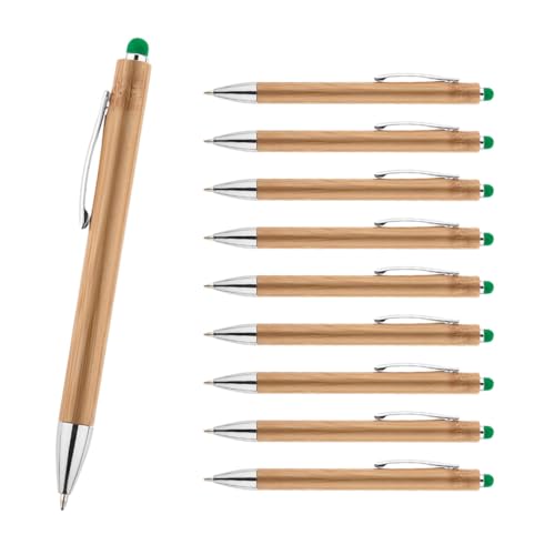 WPRO Bamboo 10er Set Touchpen Kugelschreiber aus Bambus grün – Nachhaltige, blauschreibende Stifte mit austauschbarer Mine und Touch-Funktion für Smartphones von WPRO