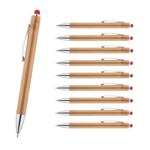 WPRO Bamboo 10er Set Touchpen Kugelschreiber aus Bambus rot – Nachhaltige, blauschreibende Stifte mit austauschbarer Mine und Touch-Funktion für Smartphones von WPRO