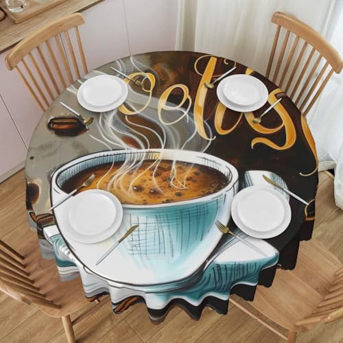 WPUTY Delicious Coffee bedruckte runde Tischdecke mit dekorativem Spitzenrand, 152,4 cm, waschbarer Stoff, Bauernhaus-Tischdecke für Esszimmer, Bankette, Hochzeiten von WPUTY