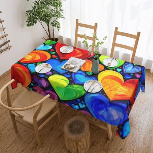 WPUTY Rechteckige Tischdecke mit Regenbogen-Herzen, bedruckt, mit dekorativem Spitzenrand, 183 x 137 cm, waschbarer Stoff, Bauernhaus-Tischdecke für Esszimmer, Bankette und Hochzeiten von WPUTY