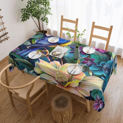 WPUTY Rechteckige Tischdecke mit buntem Blumen- und Vogeldruck, mit dekorativem Spitzenrand, 183 x 137 cm, waschbarer Stoff, Bauernhaus-Tischdecke für Esszimmer, Bankette und Hochzeiten von WPUTY