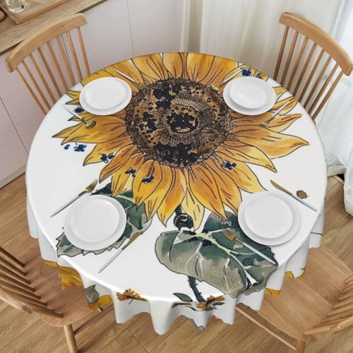 WPUTY Runde Tischdecke mit Sonnenblumen-Druck, mit dekorativem Spitzenrand, 152,4 cm, waschbar, für Esszimmer, Bankette, Hochzeiten von WPUTY