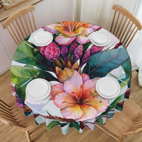 WPUTY Tischdecke mit hawaiianischem Blumen-Kunstdruck, rund, mit dekorativem Spitzenrand, 152,4 cm, waschbar, für Esszimmer, Bankette, Hochzeiten von WPUTY