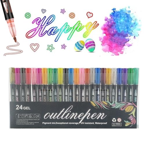 WQTHU Graffiti-Leuchtstift zum Ausmalen,36 Farben Konturenstifte,selbstkonturierende Metallic-Marker,farbige Doppellinien-Konturenstifte,Glitzermarker zum Schreiben,Scrapbooking,Ausmalen (24 Farben) von WQTHU