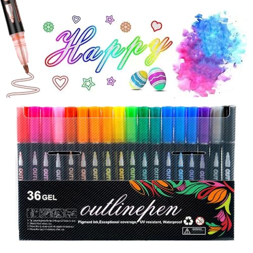 WQTHU Graffiti-Leuchtstift zum Ausmalen,36 Farben Konturenstifte,selbstkonturierende Metallic-Marker,farbige Doppellinien-Konturenstifte,Glitzermarker zum Schreiben,Scrapbooking,Ausmalen (36 Farben) von WQTHU