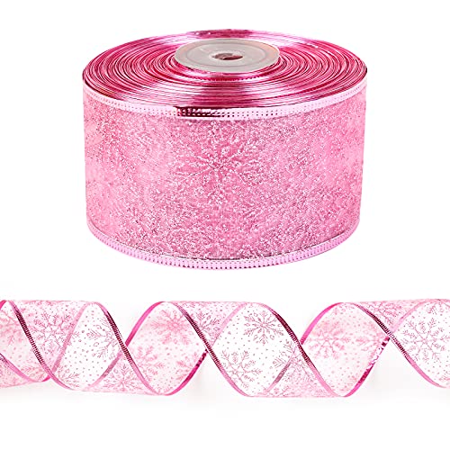 WRAPAHOLIC Drahtgebundenes Weihnachtsband – hellrosa Wirbel durchscheinendes Glitzerband für Weihnachtsbasteln, Partyzubehör – 6,3 cm x 22,7 m pro Rolle von WRAPAHOLIC