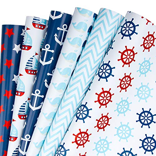 WRAPAHOLIC Geschenkpapierbogen – nautische Anker blau Design für Geburtstag, Urlaub, Hochzeit, Babyparty – 1 Rolle enthält 6 Blatt – 44,5 x 99,8 cm pro Blatt von WRAPAHOLIC