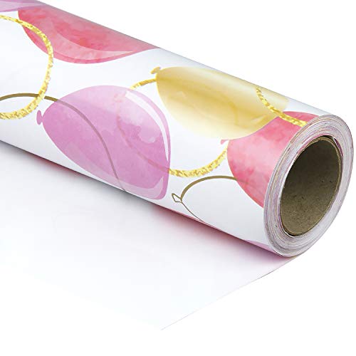 WRAPAHOLIC Geschenkpapierrolle Packpapier Geschenkverpackung – Pink Lila Gold Druck Feiern Ballon Design für Geburtstag, Urlaub, Hochzeit, Babyparty – 76,2 cm x 10,1 m von WRAPAHOLIC