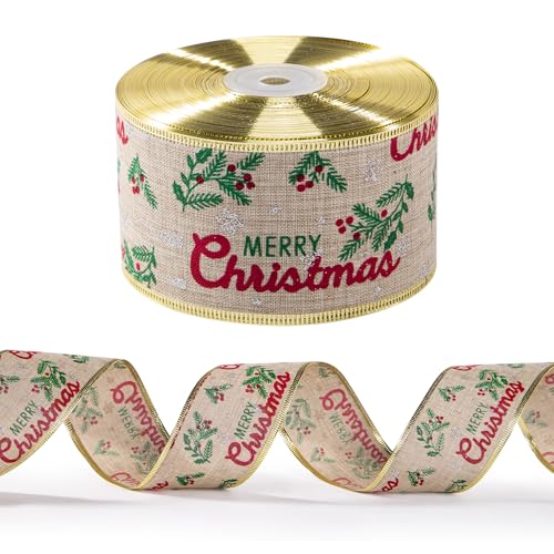 WRAPAHOLIC Weihnachtsband mit Draht, 6,3 cm x 22,7 m pro Rolle, Juteband mit Drahtrand, Merry Christmas von WRAPAHOLIC