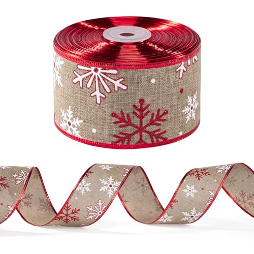 WRAPAHOLIC Weihnachtsband mit Draht, 6,3 cm x 22,7 m pro Rolle, Juteband mit Drahtrand, rote und weiße Schneeflocke von WRAPAHOLIC