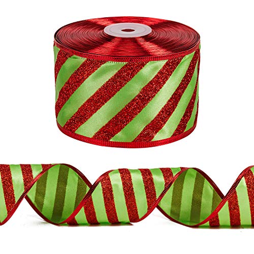 WRAPAHOLIC Weihnachtsband mit Draht, Grün mit rotem Glitzerstreifen, 6,3 cm x 22,7 m pro Rolle, roter Drahtrand von WRAPAHOLIC