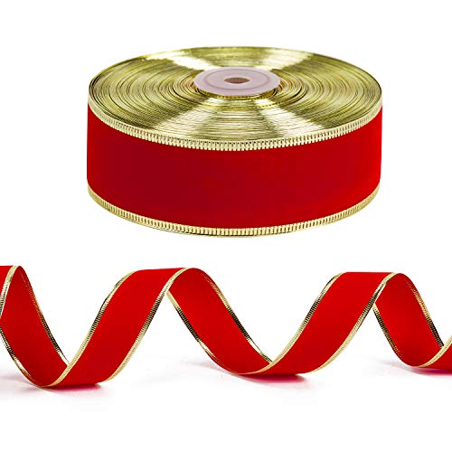 WRAPAHOLIC Weihnachtsband mit Draht, Rot mit goldenen Kanten, Samtband, 3,8 cm x 22,7 m pro Rolle von WRAPAHOLIC