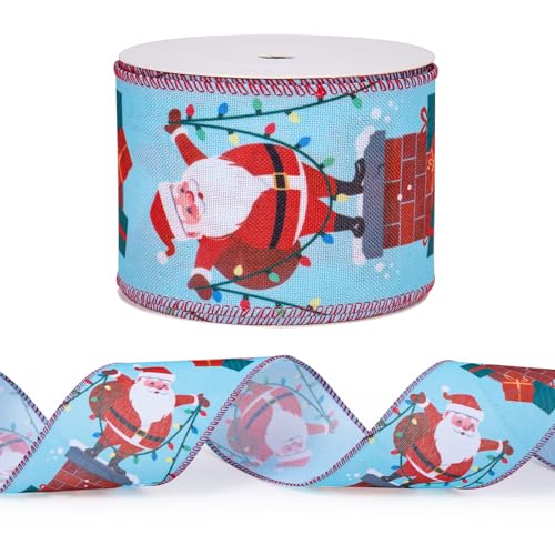 WRAPAHOLIC Weihnachtsband mit Draht, Weihnachtsmann-Ständer auf Kaminband mit Drahtrand, 6,3 cm x 4,5 m pro Rolle von WRAPAHOLIC