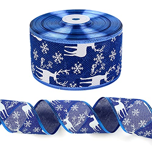 WRAPAHOLIC Weihnachtsband mit Draht, blaues Rentier und Schneeflocke, Juteband für Weihnachtsbasteln, Partyzubehör, 6,3 cm x 22,7 m pro Rolle von WRAPAHOLIC