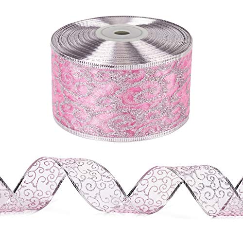 WRAPAHOLIC Weihnachtsband mit Draht, durchscheinendes Glitzerband, 6,3 cm x 22,7 m pro Rolle, silberfarbener Drahtrand von WRAPAHOLIC