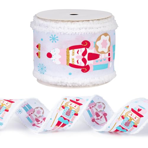 WRAPAHOLIC Weihnachtsband mit Draht, rosa Nussknacker-Band mit Drahtrand, 6,3 cm x 4,5 m pro Rolle von WRAPAHOLIC