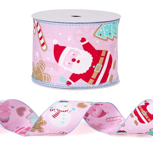 WRAPAHOLIC Weihnachtsband mit Draht, rosa Schneemann, Weihnachtsmann, Lebkuchenmann-Band mit Drahtrand, 6,3 cm x 4,5 m pro Rolle von WRAPAHOLIC