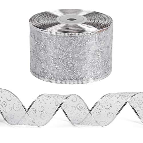 WRAPAHOLIC Weihnachtsband mit Draht, silberfarbenes Glitzerband, 6,3 cm x 22,7 m pro Rolle, silberfarbener Drahtrand von WRAPAHOLIC