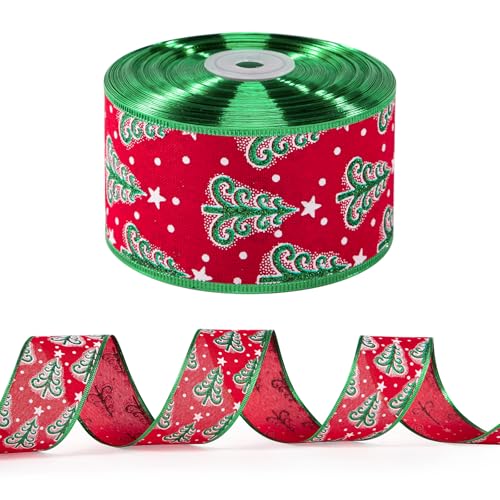 WRAPAHOLIC Weihnachtsband mit Draht – 6,3 cm x 22,7 m pro Rolle – rotes und grünes Weihnachtsbaumband – grüner Drahtrand von WRAPAHOLIC