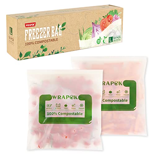 WRAPOK 100% kompostierbare Gefrierbeutel, groß, biologisch abbaubar, für Gemüse, Obst oder Fleisch, 50 Stück von WRAPOK