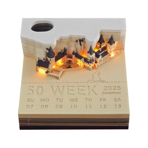 WRIBZD 3D Castle Led Memo Pad 2025 Kalender Abreißblock Haftnotizen Weihnachtsdekorationen Büro Geschenke Desktop von WRIBZD