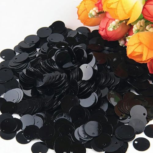 Pailletten, 10 mm, 15 mm, 20 mm, 25 mm, groß, flach, rund, Loch am Rand, lose Pailletten für Karneval, Kinder, Tanz, DIY-Dekoration, 20 g, schwarz, 15 mm, 20 g von WRJLIN