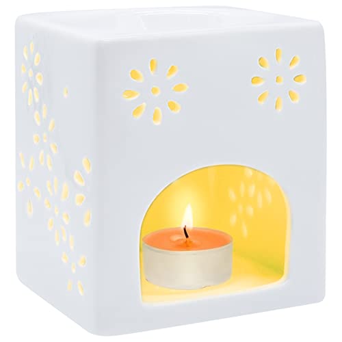 Keramik Duftlampe, Aromalampe mit Kerzenhalter, Quadratische Form Aroma Diffusor Räucher Zubehör für Duftöl, Blumenmuster Aroma Diffuser- 9.6×8.2×8.2cm von WSAMJIN