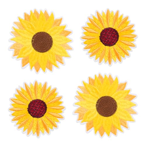 WSDMAVIS 4 x Cartoon-Blumen-Aufnäher zum Aufbügeln, niedliche bestickte Sonnenblumen-Flicken, zum Aufbügeln, Blumenapplikationen für Kleidung, DIY, dekorative Flicken für Jeans, Jacken, Hüte, Hosen von WSDMAVIS