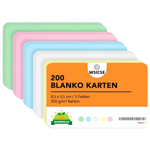 200 Stück Blanko Papier Karten, 8,5 x 5,5 cm Karteikarten Bunt Lernkarten Leere Karten zum Gestalten Visitenkarten Papier DIY Geschenkkarte Vokabelkarten Spielkarten (5 Farben) von WSICSE