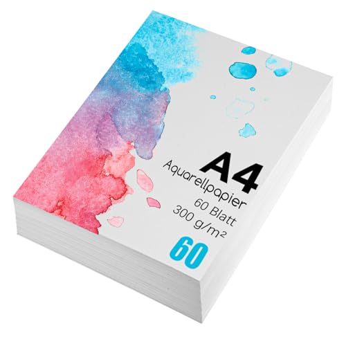 60 Blatt Aquarellpapier, A4 Aquarellblock 300g/m² Zeichenpapier Zeichenkarton Papier Wasserfarben für Aquarell Gouache Acryl Zeichnen Kunstwerke DIY (21x29,7 cm) von WSICSE