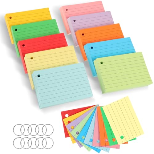 600 Blätter Karteikarten A7, 150g/m² Karteikarten Liniert Index Cards Bunt Papier Karten Vokabelkarten Blanko mit 10 Binderinge für Schule Büro Erinnerung Präsentation (10 Farben) von WSICSE