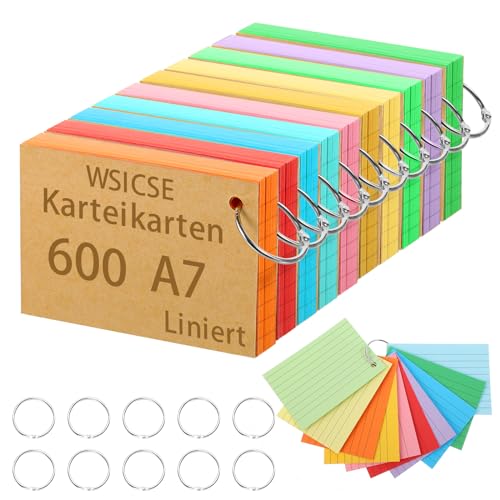 600 Blätter Karteikarten A7, 150g/m² Karteikarten Liniert Index Cards Vokabelkarten Blanko mit 10 Binderinge 20 Kraftpapierhüllen für Lernen Erinnerung Präsentation (10 Farben) von WSICSE