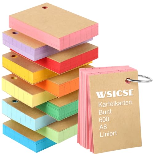 600 Blätter Karteikarten A8, Linierte Karteikarten 150g/m² Index Cards Moderationskarten Bunt mit 10 Binderinge 20 Kraftpapierhüllen für Lernen Erinnerung Präsentation (10 Farben) von WSICSE