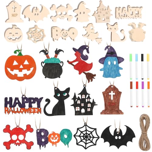 69 Stück Halloween-Holzscheiben, unlackiert, vorgebohrt, Ornamente, Halloween-Hängedekorationen, Geschenke von WSICSE