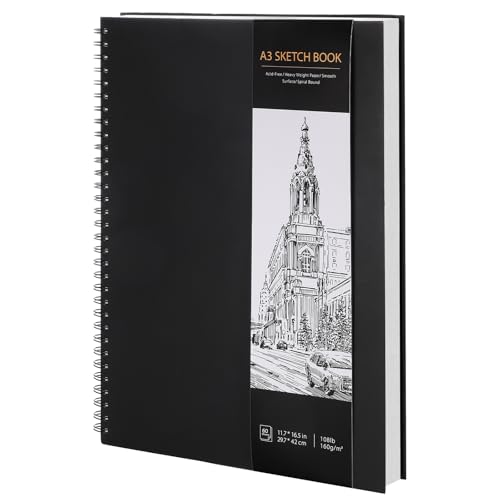 A3 Skizzenbuch, Spiral-Skizzenbuch mit 160 g/m² dickem Papier – schwarzes Hardcover Künstler Skizzenblock Kunst Zeichenbuch zum Skizzieren, Hochformat, 60 Blatt/120 Seiten von WSICSE