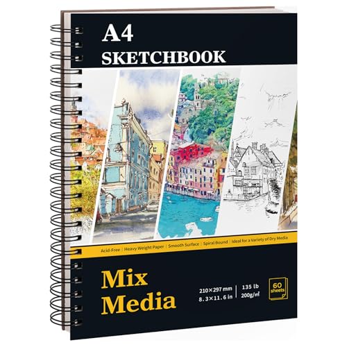 Skizzenbuch A4, Sketchbook 200g/m² Skizzenblock Zeichenblock mit Spiralbindung Hardcover Dickes Papier für Künstler Kinder Studenten（60 Bögen） von WSICSE
