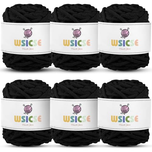 WSICSE Chenille, grobes Deckengarn, dickes, flauschiges Garn zum Häkeln, super sperrig, weiches Garn zum Stricken, Amigurumi-Deckengarn, Bastelarbeiten, 6 Stück, 100 g je 100 g, 55 Meter (schwarz) von WSICSE