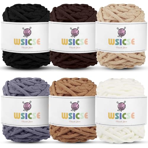 WSICSE Chenille-Deckengarn, dickes, flauschiges Garn zum Häkeln, super sperrig, weiches Garn zum Stricken, Amigurumi-Deckengarn, Bastelarbeiten, 6 Stück, 100 g je 100 g, 55 Meter (braune Serie) von WSICSE