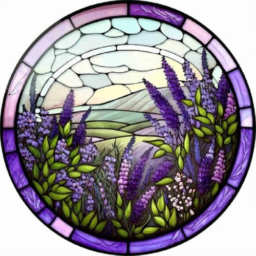 WSLWXSHM Buntglas Lavendel Diamond Painting Erwachsene Set, 5D DIY Diamond Art Kits for Beginners Round Full Drill Diamond Painting for Home Wall Decoration Gift 30×30cm, Blume von WSLWXSHM