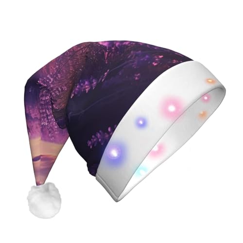 WSOIHFEC Weihnachtsmütze mit LED-Licht, Lavendelfelddruck, für Erwachsene, lustige Plüsch-Weihnachtsmütze für Neujahr, Urlaub, Partyzubehör von WSOIHFEC