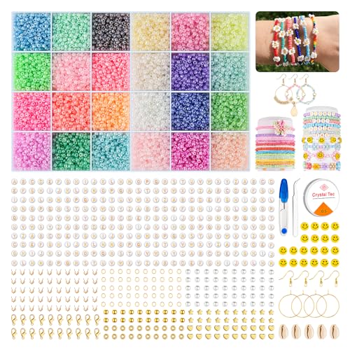 Perlen zum Auffädeln, 3mm 24 Colourful Macaron Matte Glass Beads mit 400 Buchstaben Perlen und Smiley Perlen, Beads for Bracelets Kit für DIY Armband Schmuckherstellung Kit von WT Wisdom Together